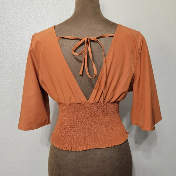 Cute EXIT Rust Orange Kimono Sleeve Top - Smocked Waist & Tie Back - S/M - Picture 2 of 2